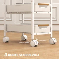 Carrello da Cucina a 5 Livelli con 4 Cesti Estraibili, in Metallo, PP e Legno, 39.5x24x82 cm, Bianco e Rovere