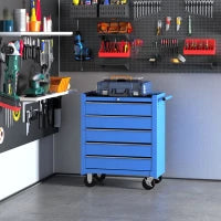 Carrello da Officina a 5 Cassetti con Ruote in Metallo Blu, 67.5x 33 x 77cm