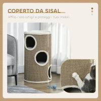 Cuccia per Gatti a 3 Livelli con Tiragraffi in Sisal e Peluche, Ø38x70cm, Marrone