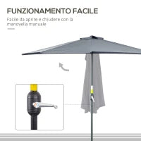 Ombrellone Semicircolare da Parete con Manovella, in Poliestere e Metallo, 2.7x2.4 m, Grigio