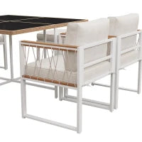 Set da pranzo da esterno a 7 pezzi con tavolo in vetro temperato, intreccio in rattan, cuscini, per 6 persone, Nero e Bianco