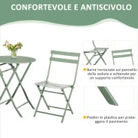 Set da Giardino 3 Pezzi Pieghevoli in Acciaio, 2 Sedie 42x50x81 cm e Tavolino Ø60x71 cm, Verde