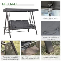 Dondolo da Giardino 3 Posti con Tetto Regolabile, Portabicchieri e Cuscini, 208x120x172 cm, Grigio