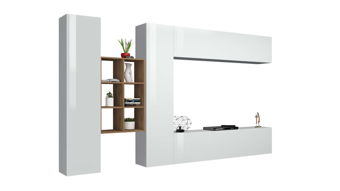 Parete attrezzata bianca mobile TV pensile sospeso 2 armadi libreria Sid WH