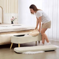 Panca Contenitore da 65L in Tessuto Teddy e Gambe in Legno, 120x42x45 cm, Beige