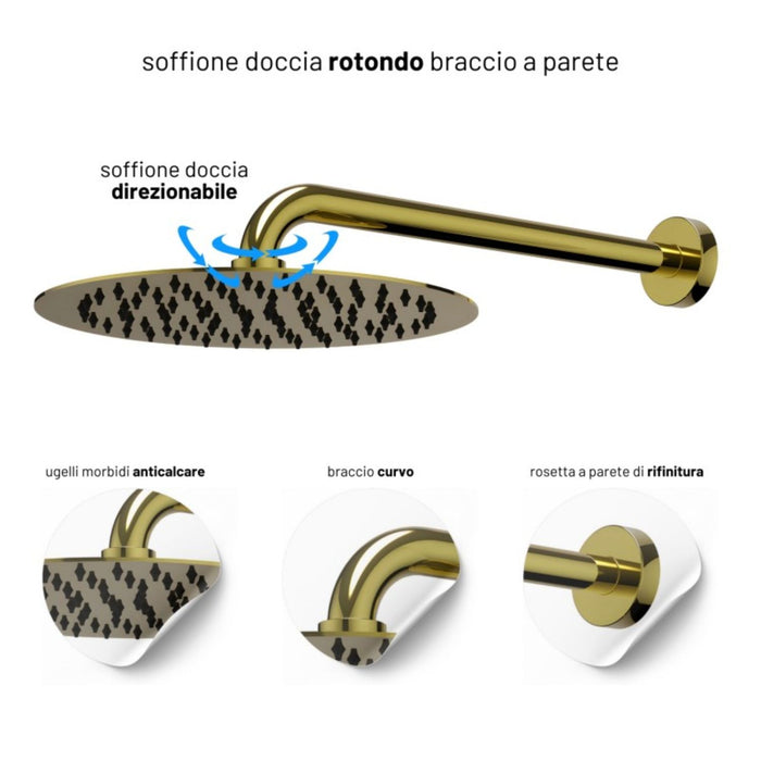 Set per doccia soffione tondo in acciaio inox 250 millimetri finitura oro *** finitura- oro lucido, confezione 1