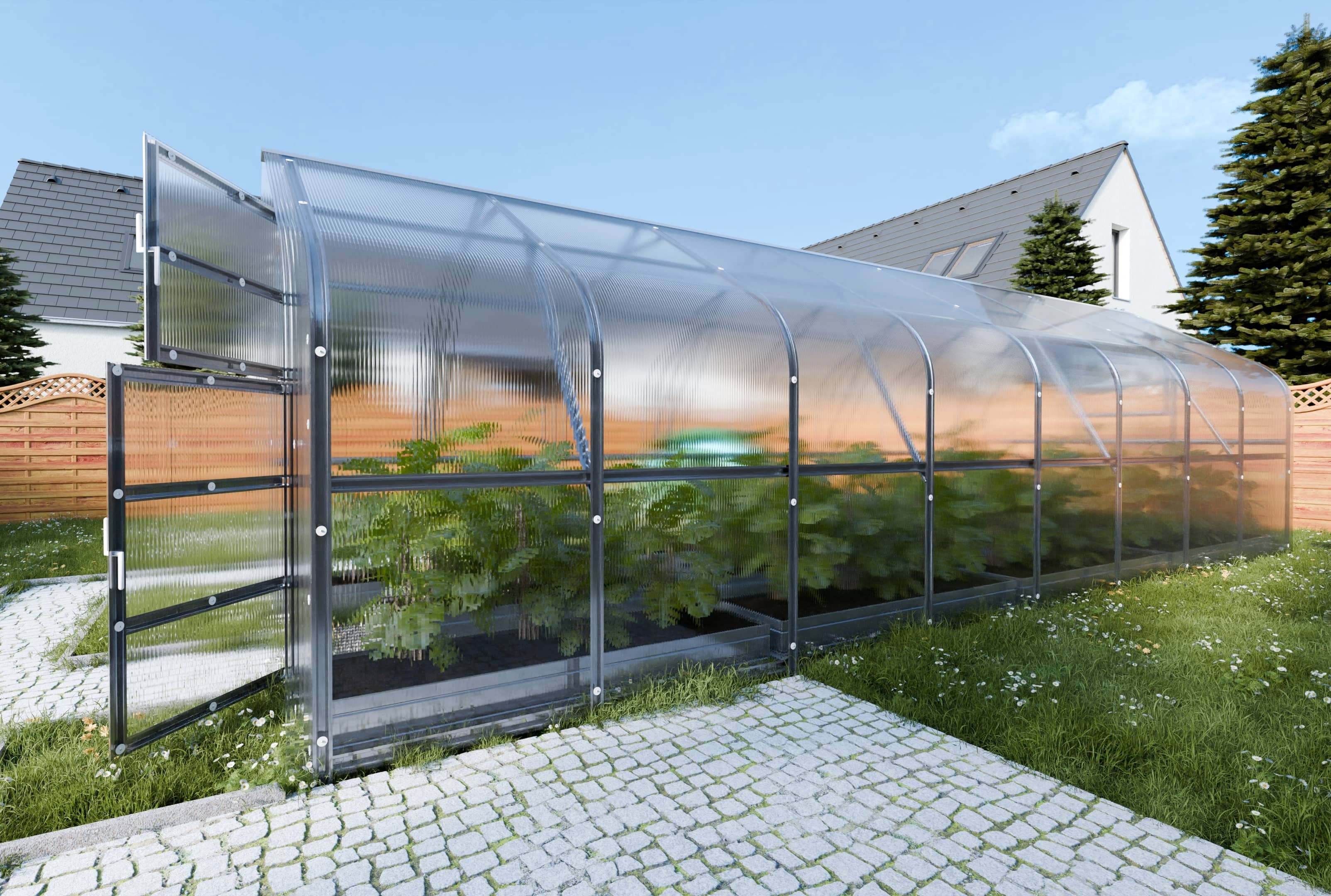 Serre da giardino robuste KLASIKA*DROP 20m2, 2,5m x 8m, 4 mm con rivestimento in policarbonato