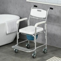 Sedia Comoda con Ruote per Anziani 3 in 1, Sedia per WC in Alluminio con Secchio Rimovibile, Bianco