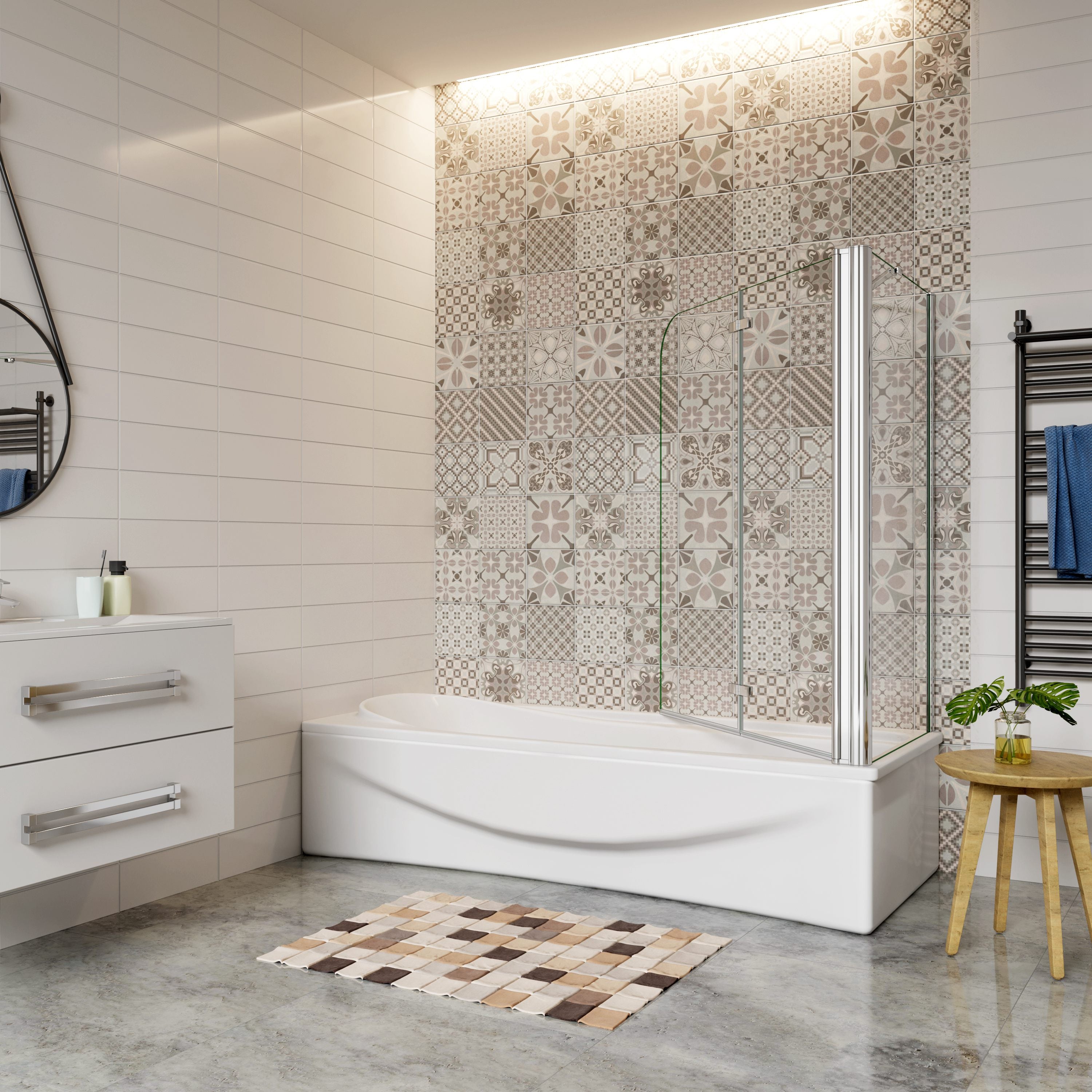 H.140 cm Sopravasca da Bagno Doccia con Parete Fissa 120x75 cm Due Ante Pieghevoli a Libro Vetro Temperato Trasparente 6 mm Anticalcare Cromo Lucido