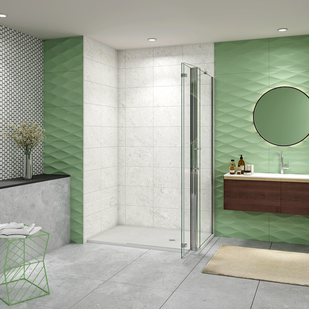 185 cm Box Doccia Walk In  Parete Fissa 70 cm + Porta Pieghevole 87 cm Vetro da 6 mm Temperato Anticalcare Barra Stabilizzatrice 45 cm Cromo Lucido