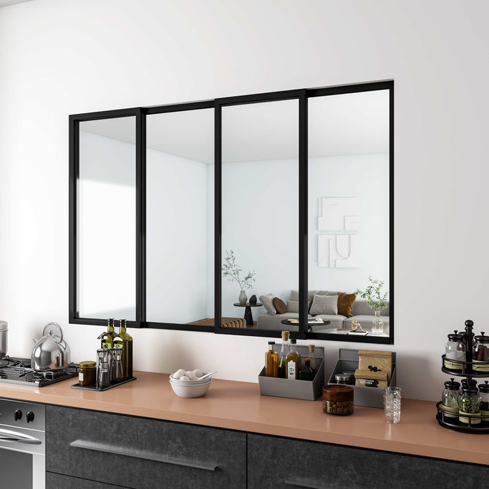 Vetrata Scorrevole Interna 183x108 cm in Vetro Temperato 4 Lastre Corniciate Profilo Nero Opaco Divisorio da Casa