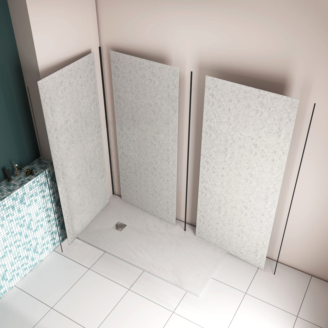 H.210 cm Pannello Doccia ad Angolo 90x90x100 cm Realizzato in Alluminio da 3 mm con Profili Finitura Grigio Cemento per Rivestimento Parete Bagno