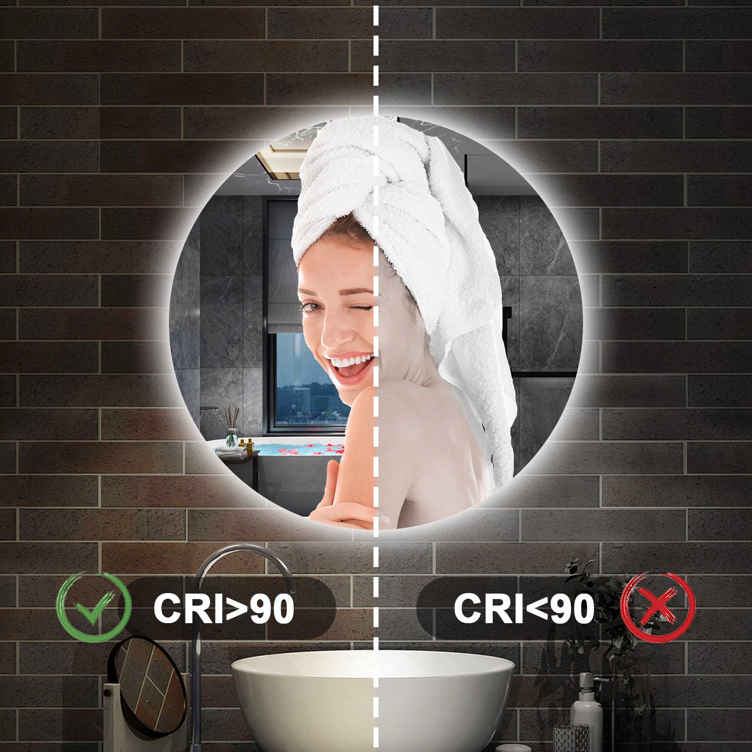 Specchio bagno Rotondo 90 cm con led. Dimmerabile + Touch Control + Bordo non sabbiato + IP44