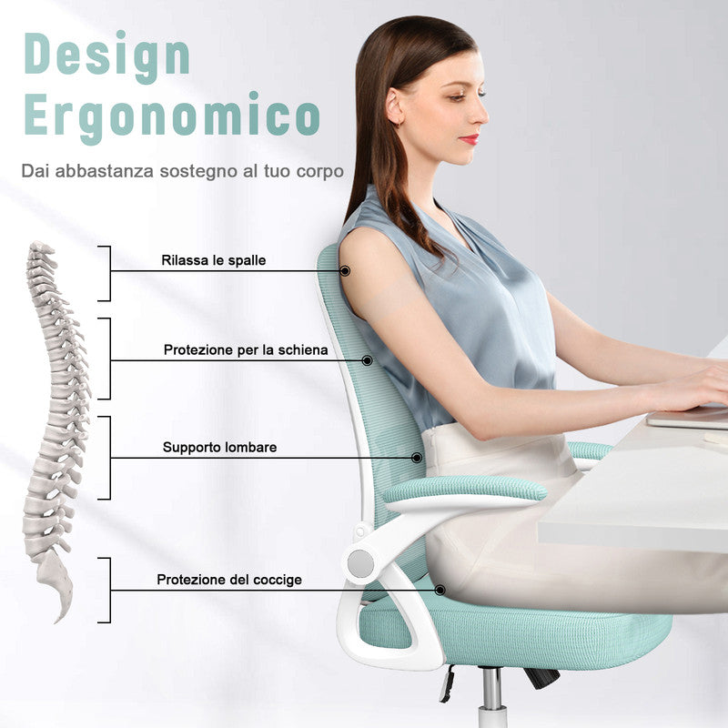 Sedia Ufficio Bracciolo Regolabile - RATTANTREE - con Supporto Lombare, Schienale Reclinabile 105°, Verde