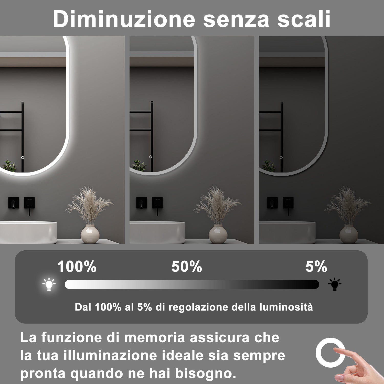 AICA Specchio da bagno 80 x 60 cm, dimmerabile£¬interruttore touch£¬ Funzione Memoria, antiappannamento