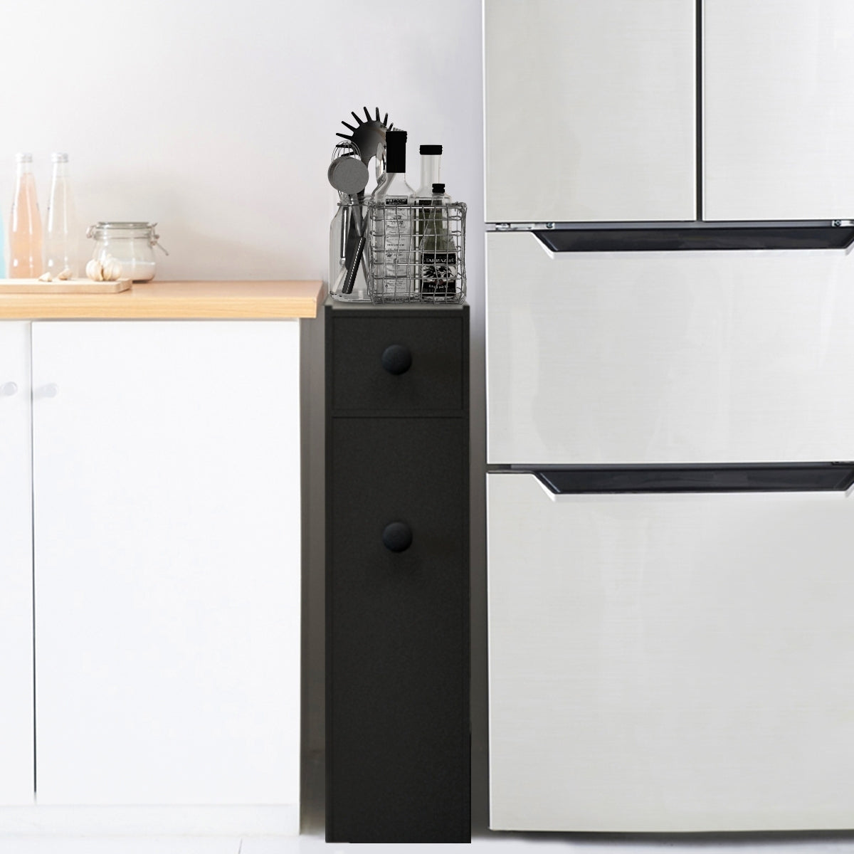 Armadio sottile di stoccaggio per gabinetto, Armadietto laterale da bagno multiuso in legno 48x16x58cm Nero-Armadietti da bagno