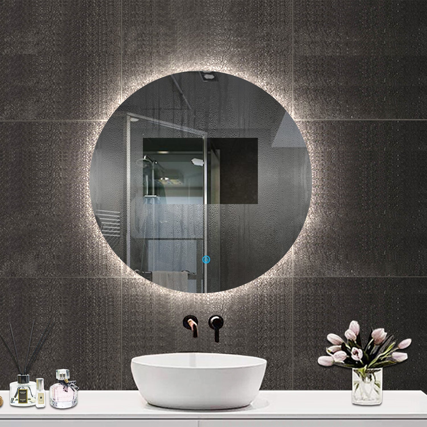 Aica Specchio da bagno a LED + Diametro 100cm + Disappannamento + Funzione Memoria + Estetica Elegante