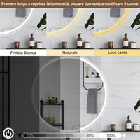 AICA Specchio da bagno 70 x 70 cm, 3 colori, antiappannamento, dimmerabile, interruttore touch, Funzione Memoria