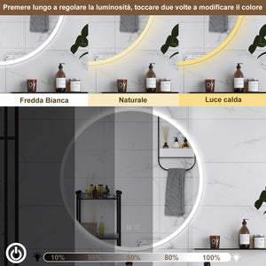 AICA Specchio da bagno 70 x 70 cm, 3 colori, antiappannamento, dimmerabile, interruttore touch, Funzione Memoria