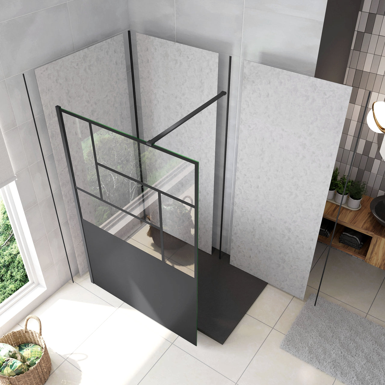 Doccia Walk In Parete Fissa Vetro Temperato 8 mm Anticalcare 100x200cm Semitrasparente Riquadri Nero Serigrafato Barra Stabilizzatrice da 90 cm