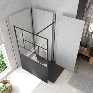 Doccia Walk In Parete Fissa Vetro Temperato 8 mm Anticalcare 100x200cm Semitrasparente Riquadri Nero Serigrafato Barra Stabilizzatrice da 90 cm