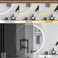 AICA Specchio da bagno 80 x 80 cm, blue tooth, 3 colori, antiappannamento, dimmerabile, interruttore touch, Funzione Memoria