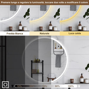 AICA Specchio da bagno 80 x 80 cm, blue tooth, 3 colori, antiappannamento, dimmerabile, interruttore touch, Funzione Memoria