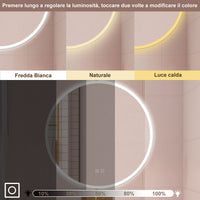 AICA Specchio da bagno 70 x 70 cm, 3 colori, antiappannamento, dimmerabile, interruttore touch, Funzione Memoria