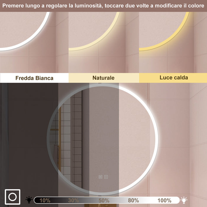 AICA Specchio da bagno 70 x 70 cm, 3 colori, antiappannamento, dimmerabile, interruttore touch, Funzione Memoria