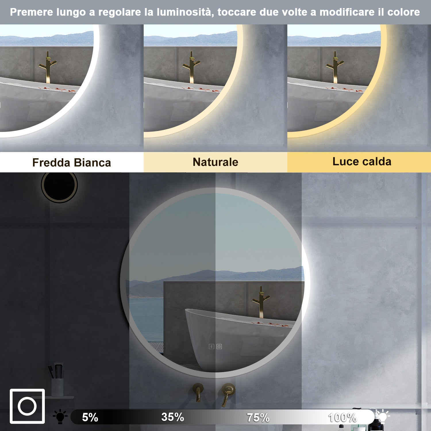 Specchio da bagno Rotondo con 80cm,Blue tooth,3 colori,Memoria, Antifog,Regorabile,Retroilluminato,doppio interruttore,