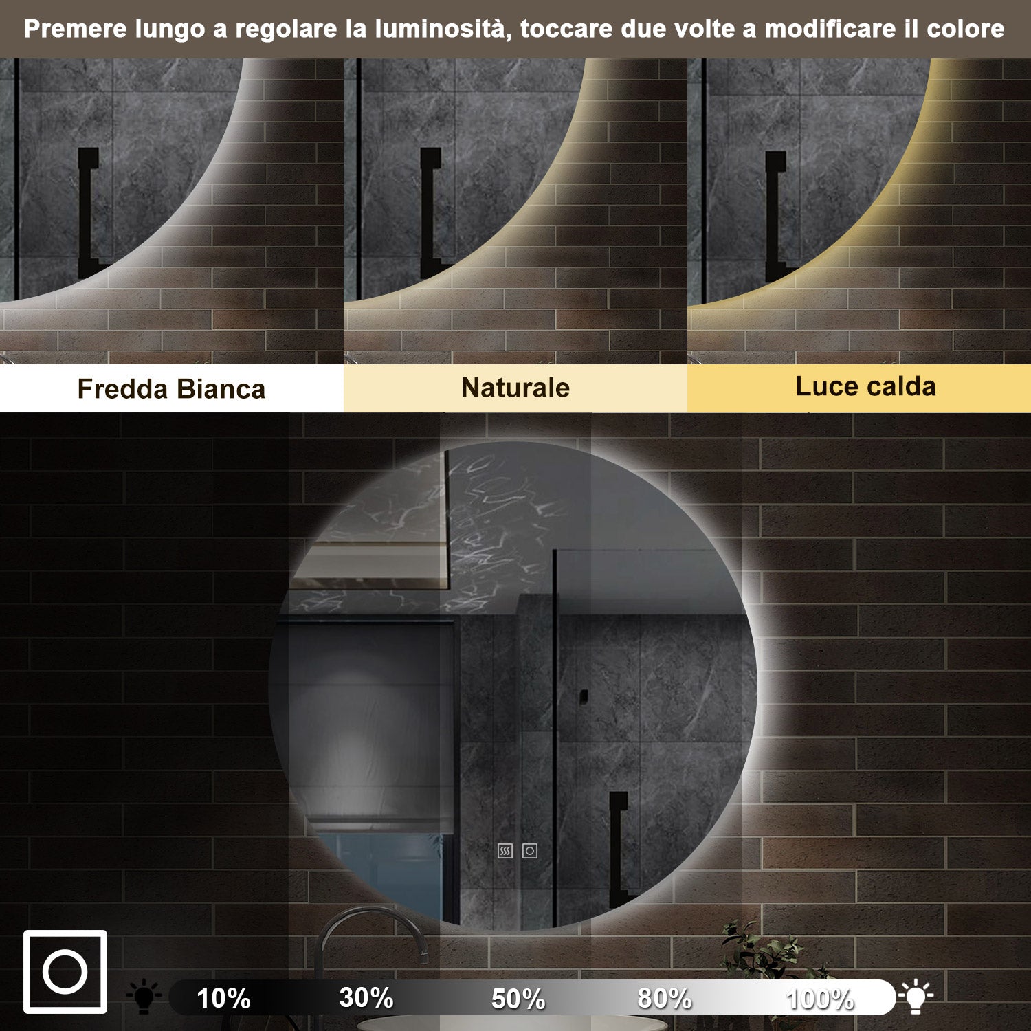 90 x 90 cm,AICA Specchio da Bagno LED con Luce, 3 Colori Regolabili,memoria, antiappannamento,CRI>90,autospegnimento