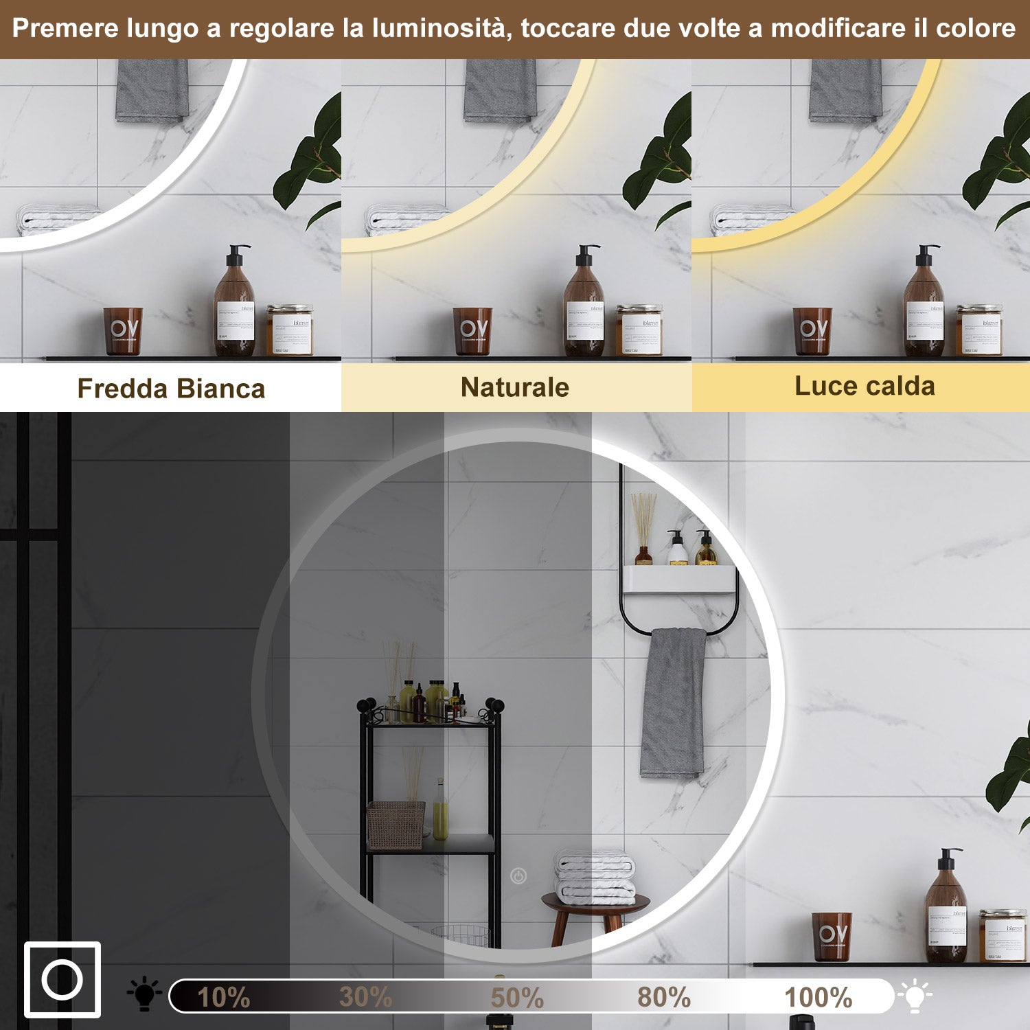 AICA Specchio da bagno 120 x 120 cm, 3 colori, antiappannamento, dimmerabile, interruttore touch, Funzione Memoria