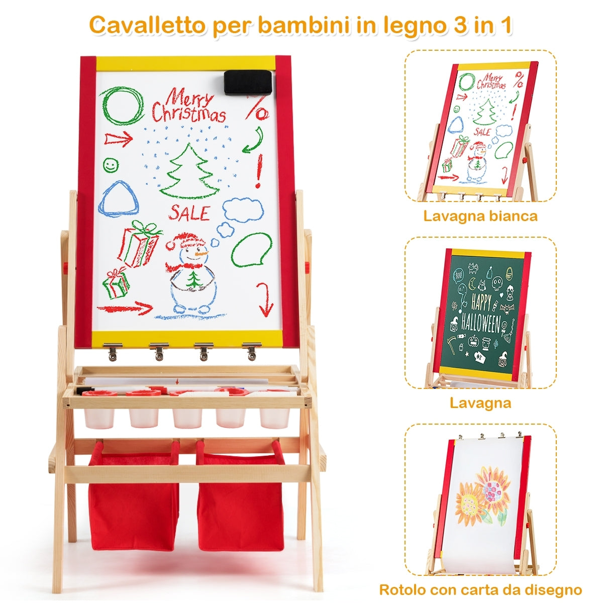 Cavalletto per bambini 3 in 1 in legno con accessori completi, 39x59cm Lavagna e lavagna bianca double face-Cavalletti e lavagne bambini