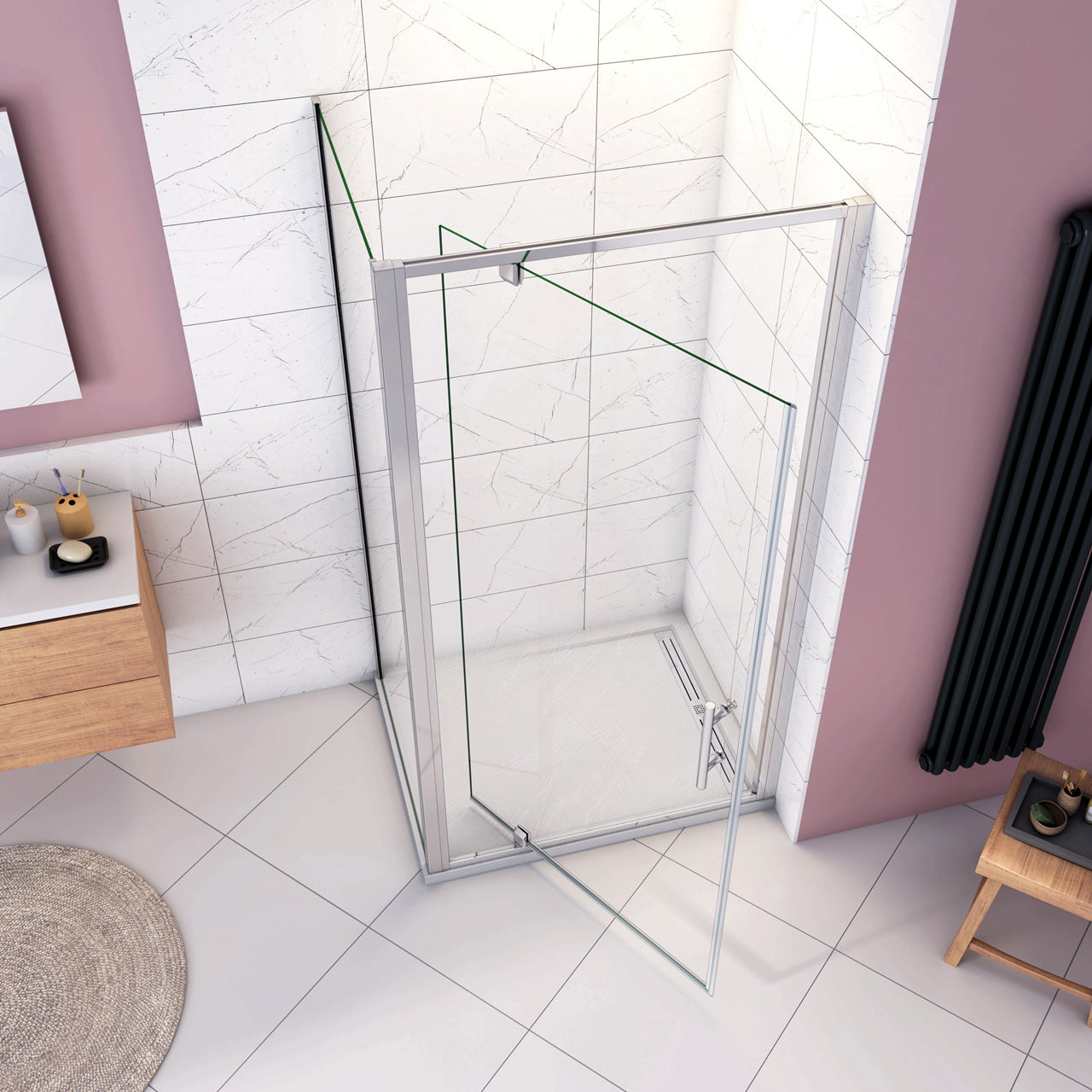 185cm Box Doccia Angolare Porta Girevole Battente con Parete Fissa 76x76cm in Vetro Temperato Trasparente 5 mm Profilo Cromo Lucido