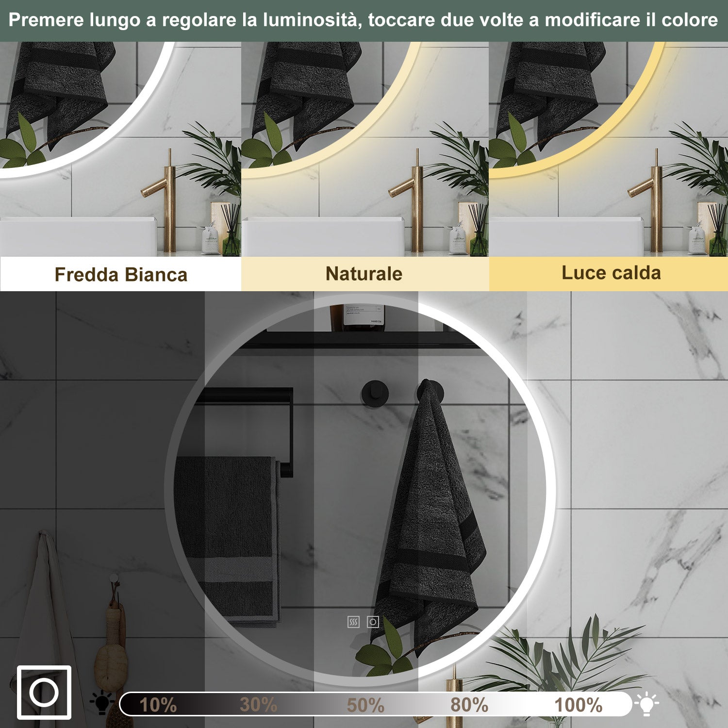 AICA Specchio da bagno 70 x 70 cm, 3 colori, antiappannamento, dimmerabile, interruttore touch, Funzione Memoria