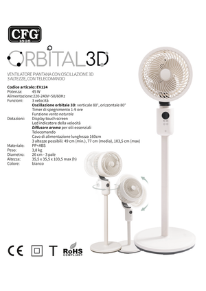 CFG ORBITAL 3D EV124 VENTILATORE PIANTANA ORBITALE 3 velocità oscillazione orbitale 3D timer funzione vento naturale display touch screen