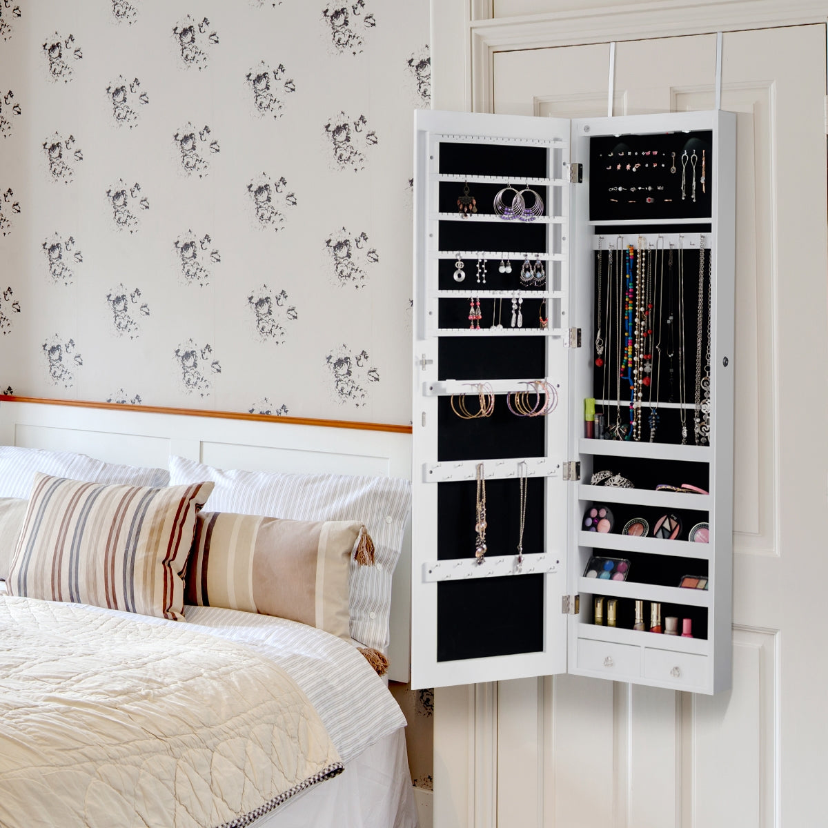 Armadio portagioie con specchio in legno a parete con LED interno 33,5x10x120cm Bianco-Armadietti per gioielli