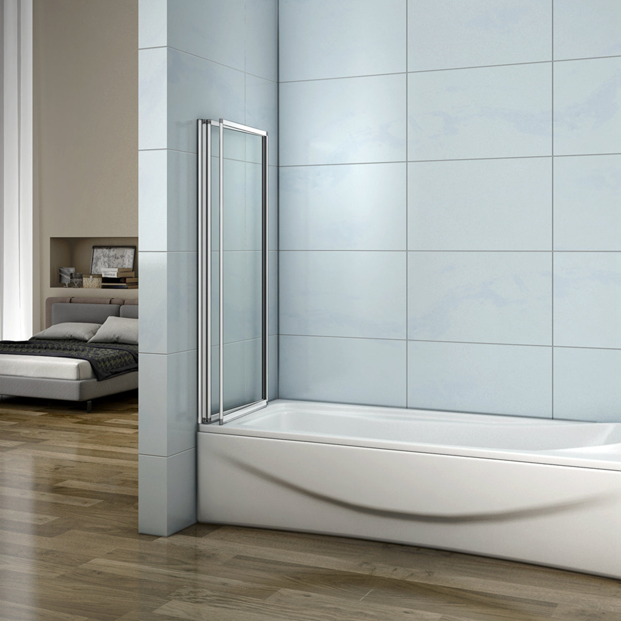 120x140 cm Sopravasca Parete Per Vasca Pieghevole a Libro Vetro 4 mm Temperato Trasparente Formato Da 2 Antine Telai Cromati Lucidi