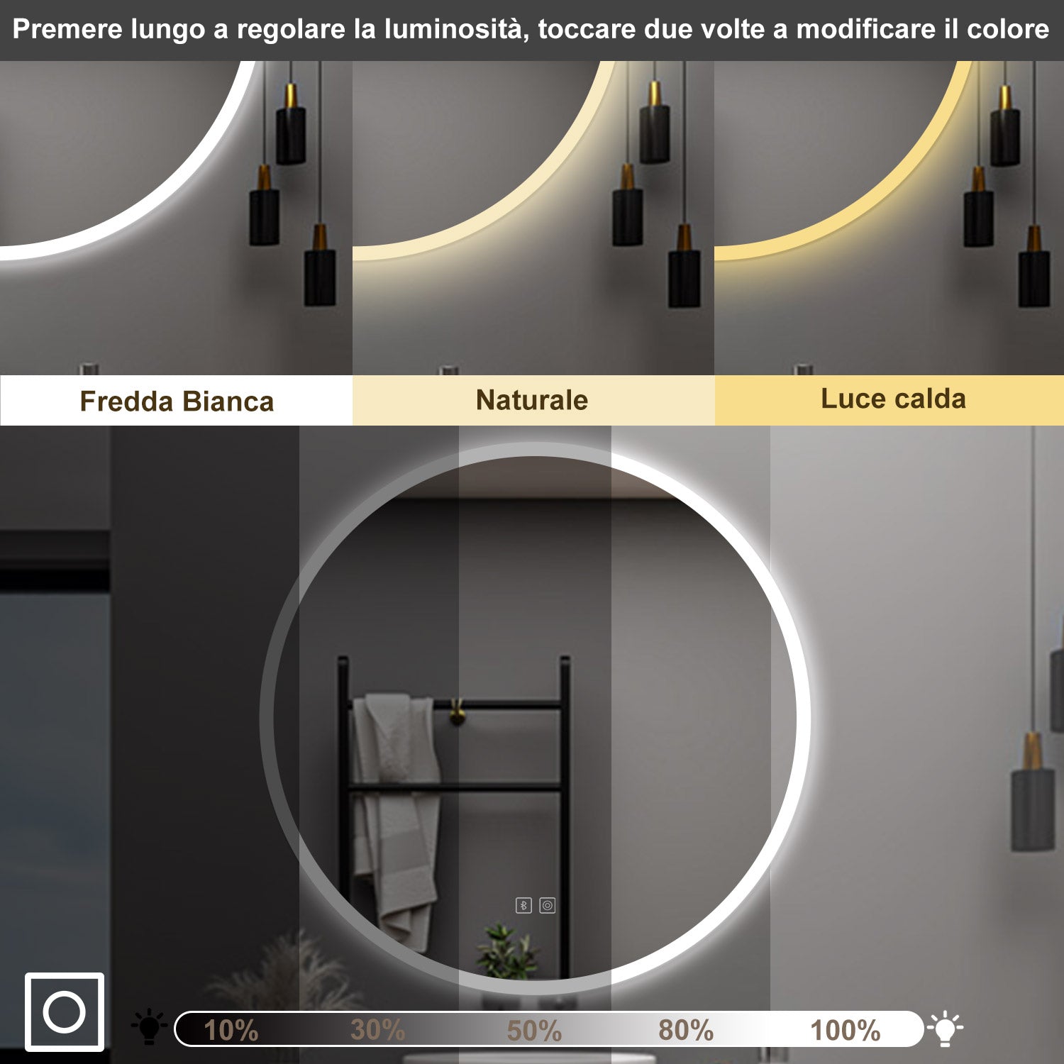 AICA Specchio da bagno 70 x 70 cm, blue tooth, 3 colori, antiappannamento, dimmerabile, interruttore touch, Funzione Memoria