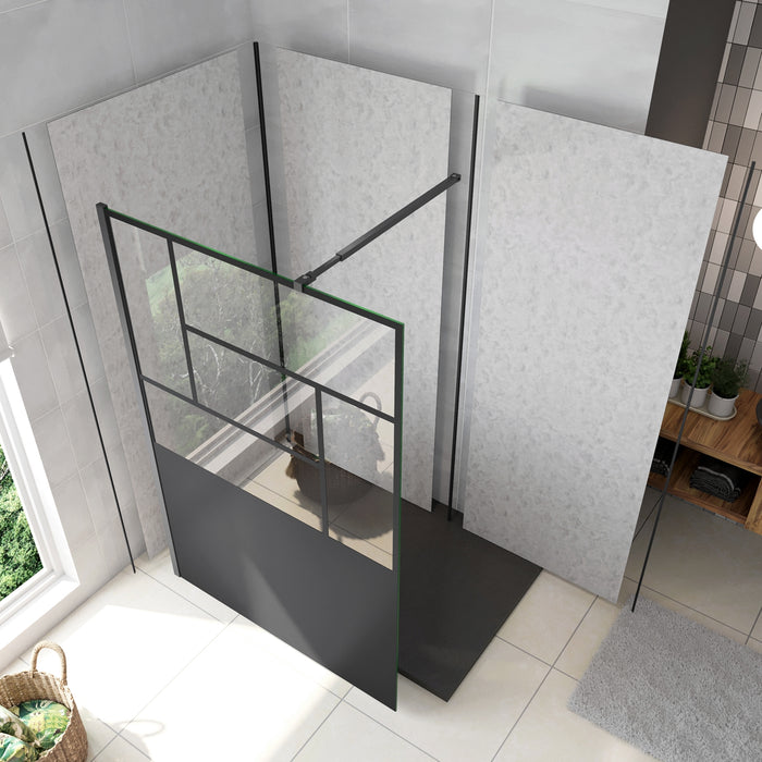 Doccia Walk In Parete Fissa Vetro Temperato 8 mm Anticalcare 90x200cm Semitrasparente Riquadri Nero Serigrafato Barra Stabilizzatrice da 73-120 cm