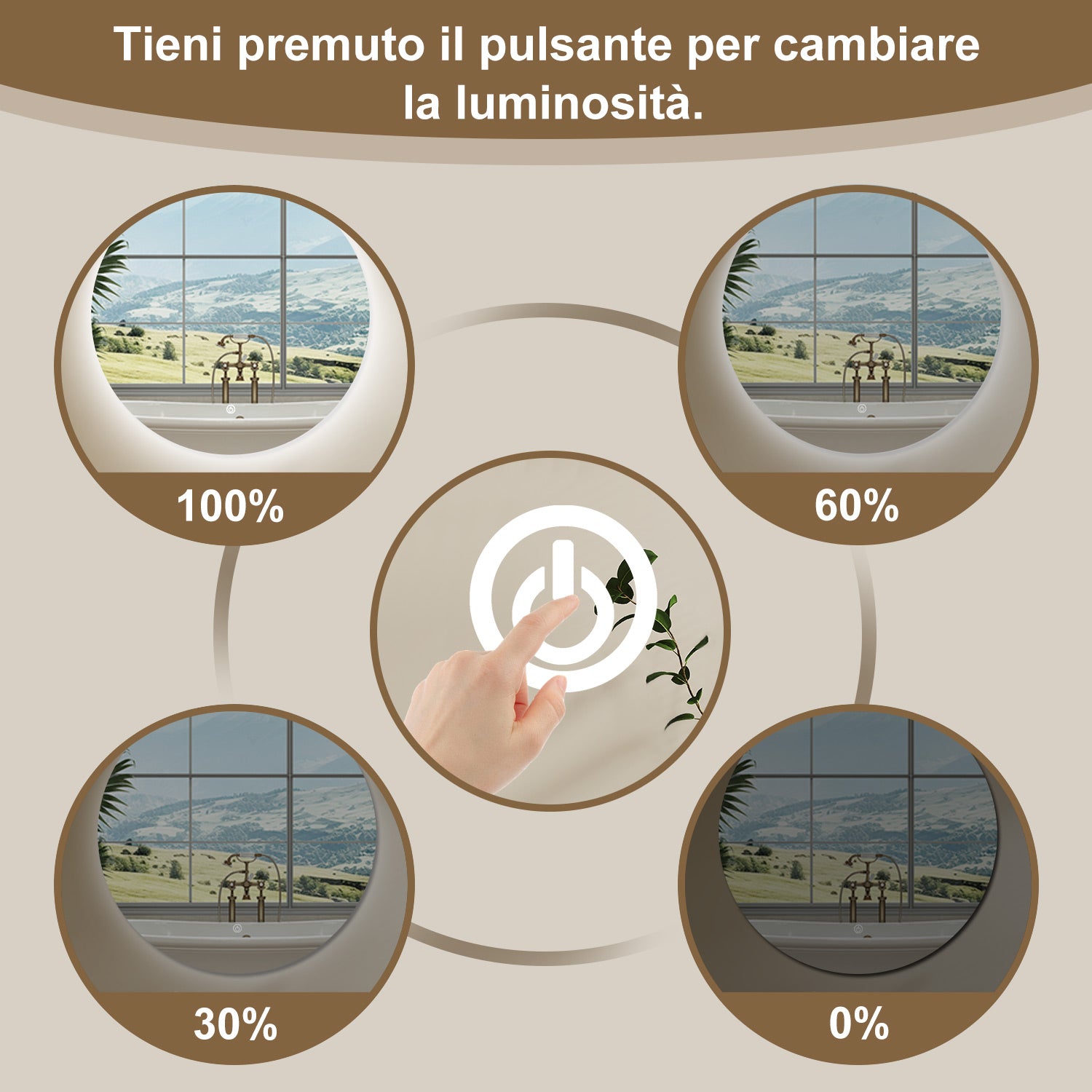 AICA SPECCHIO DA BAGNO ROTONDO CON LED 100 x 100 cm, antiappannamento, interruttore a sfioramento(Retroilluminato)