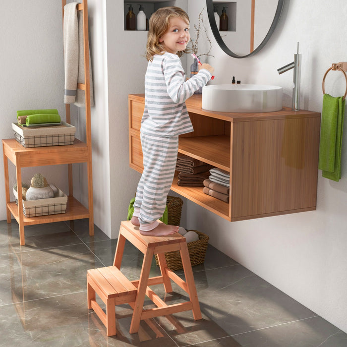 Sgabello pieghevole in legno a 2 scalini portatile, Scala multipurpose leggero per bambini per cucina Naturale-Sgabelli