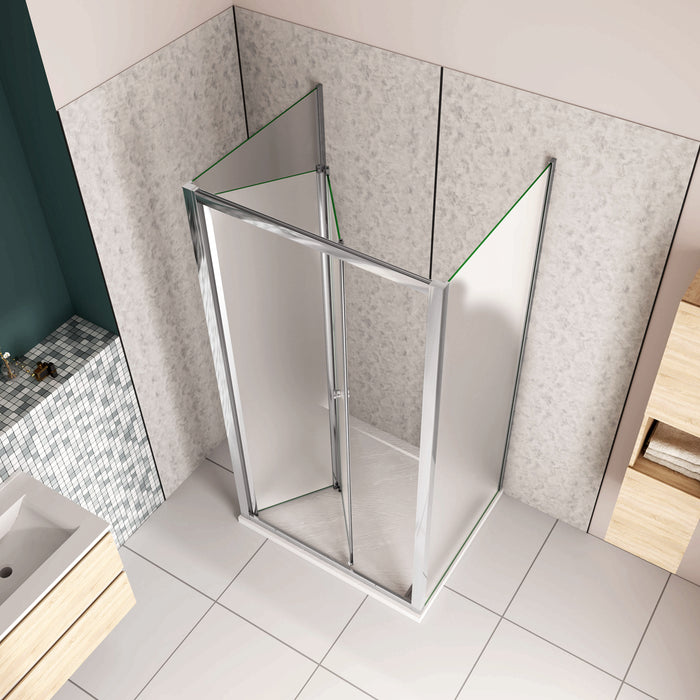 185cm Box Doccia a Tre Lati Porta a Soffietto 76cm con Doppia Parete Fissa 70x70cm in Vetro Temperato Satinato Opaco 5 mm Profilo Cromato Lucido