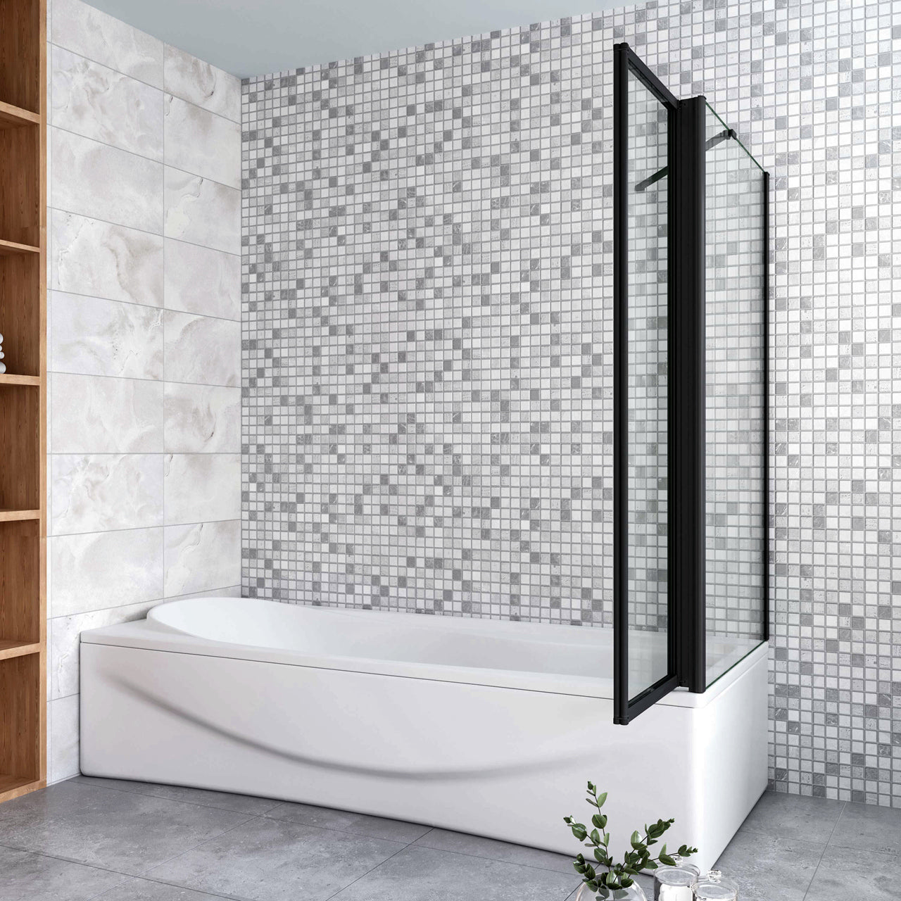 Parete Vasca Doccia 90x70cm Sopravasca Angolare 2 Ante Pieghevoli Vetro Temperato Trasparente da 4 mm con Parete Laterale da 6 mm H.140cm Telai Neri Opachi