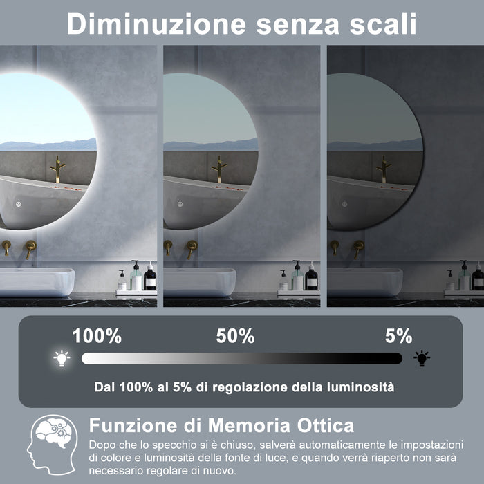Specchio da bagno Rotondo con 100cm,Memoria, Antifog,Regorabile,Retroilluminato,doppio interruttore,