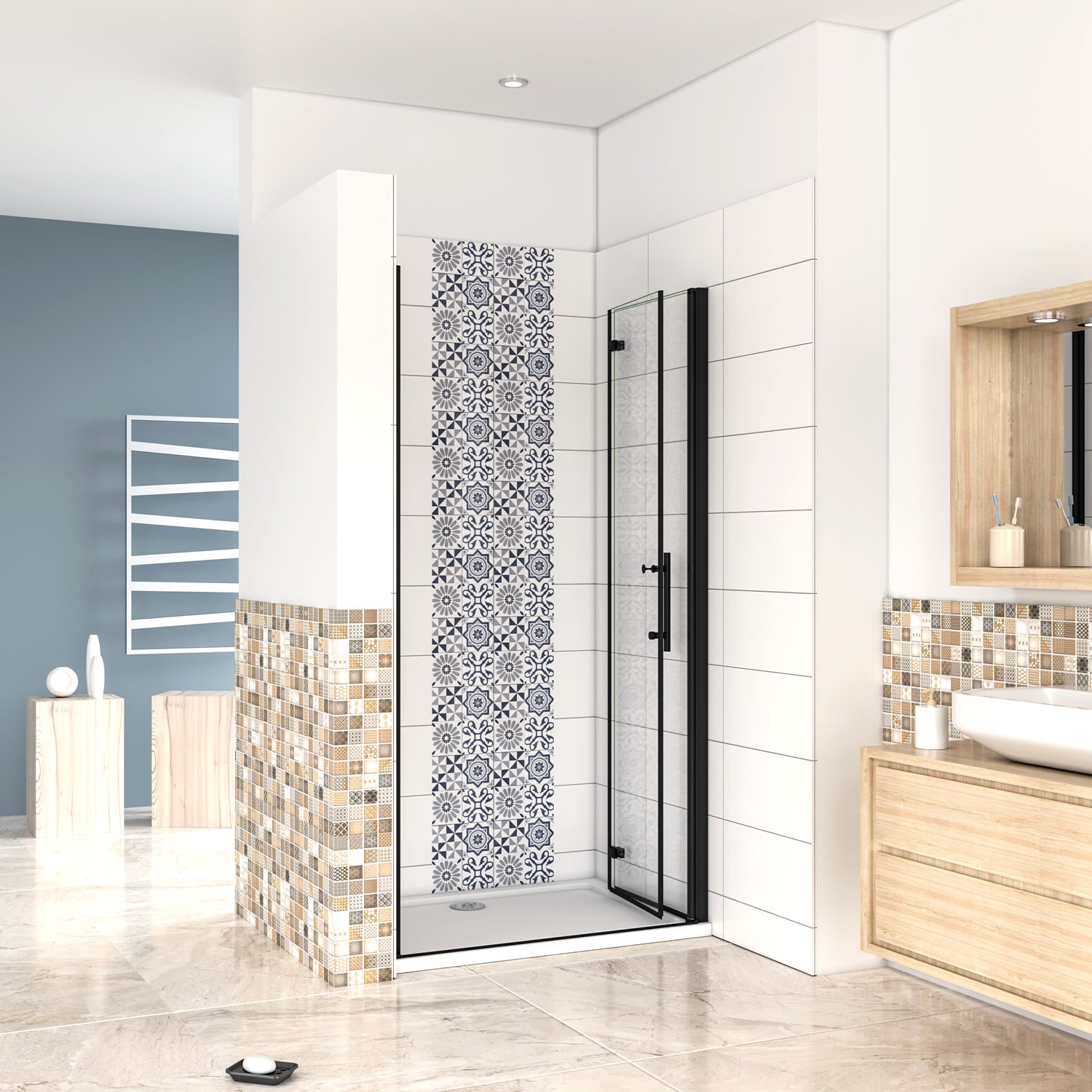 80x190 cm Porta Doccia per Nicchia Apertura Battente Pieghevole in Vetro Temperato Trasparente 5 mm Anticalcare Telaio Nero Opaco