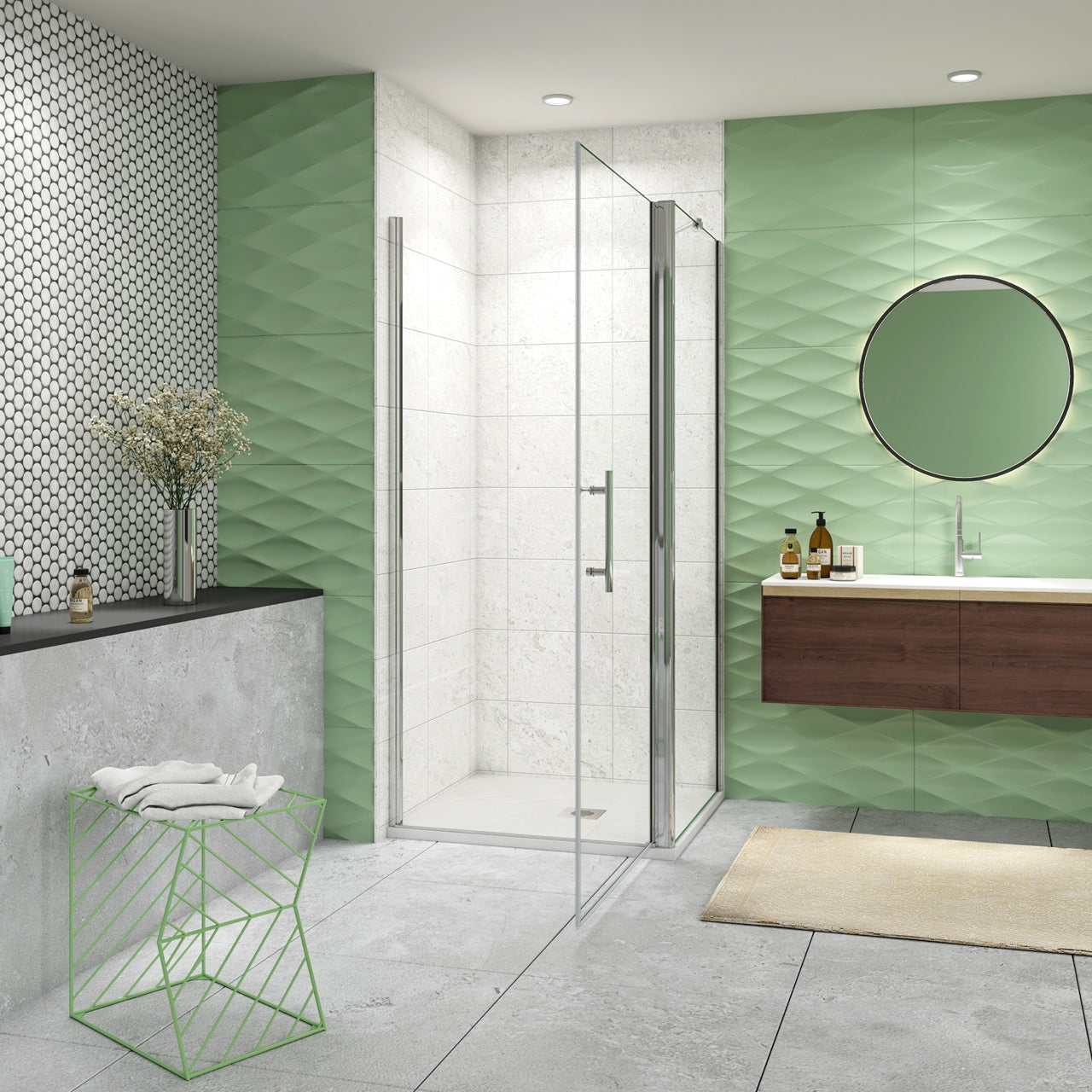 H.195 cm Box Doccia Angolare Porta Battente 76 cm Parete Fissa 80 cm Vetro 6mm Anticalcare Barra da 45 cm Cromo Lucido