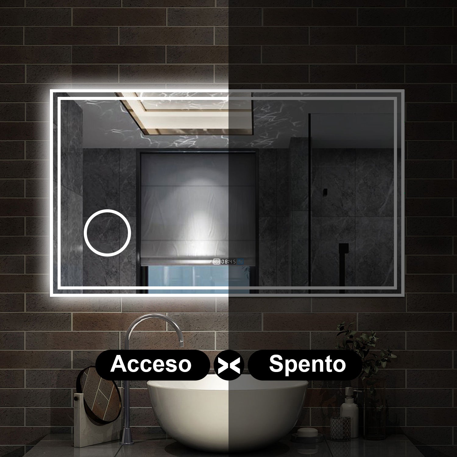 120 x 70 cm,AICA Specchio da Bagno LED con Luce, 3 Colori Regolabili,Ingrandimento, orologio,memoria, antiappannamento,CRI>90,autospegnimento