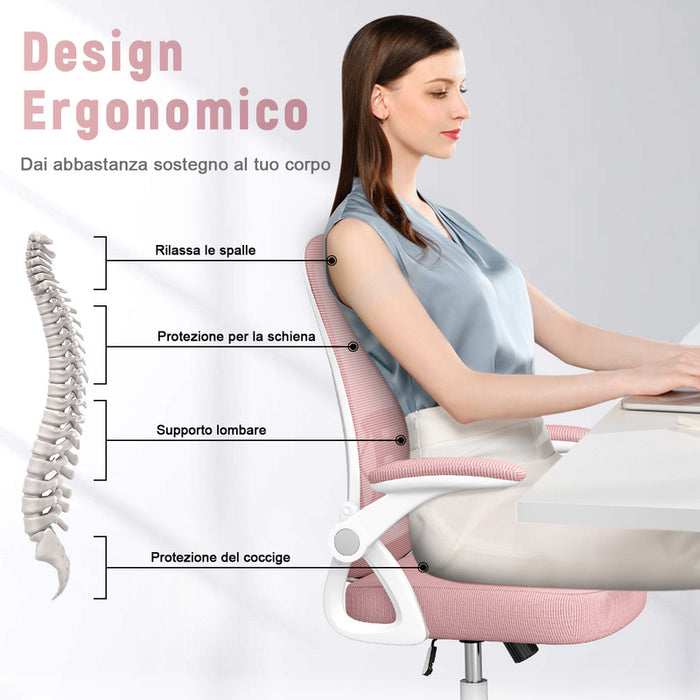Sedia Ufficio Bracciolo Regolabile - RATTANTREE - con Supporto Lombare, Schienale Reclinabile 105°, Rosa