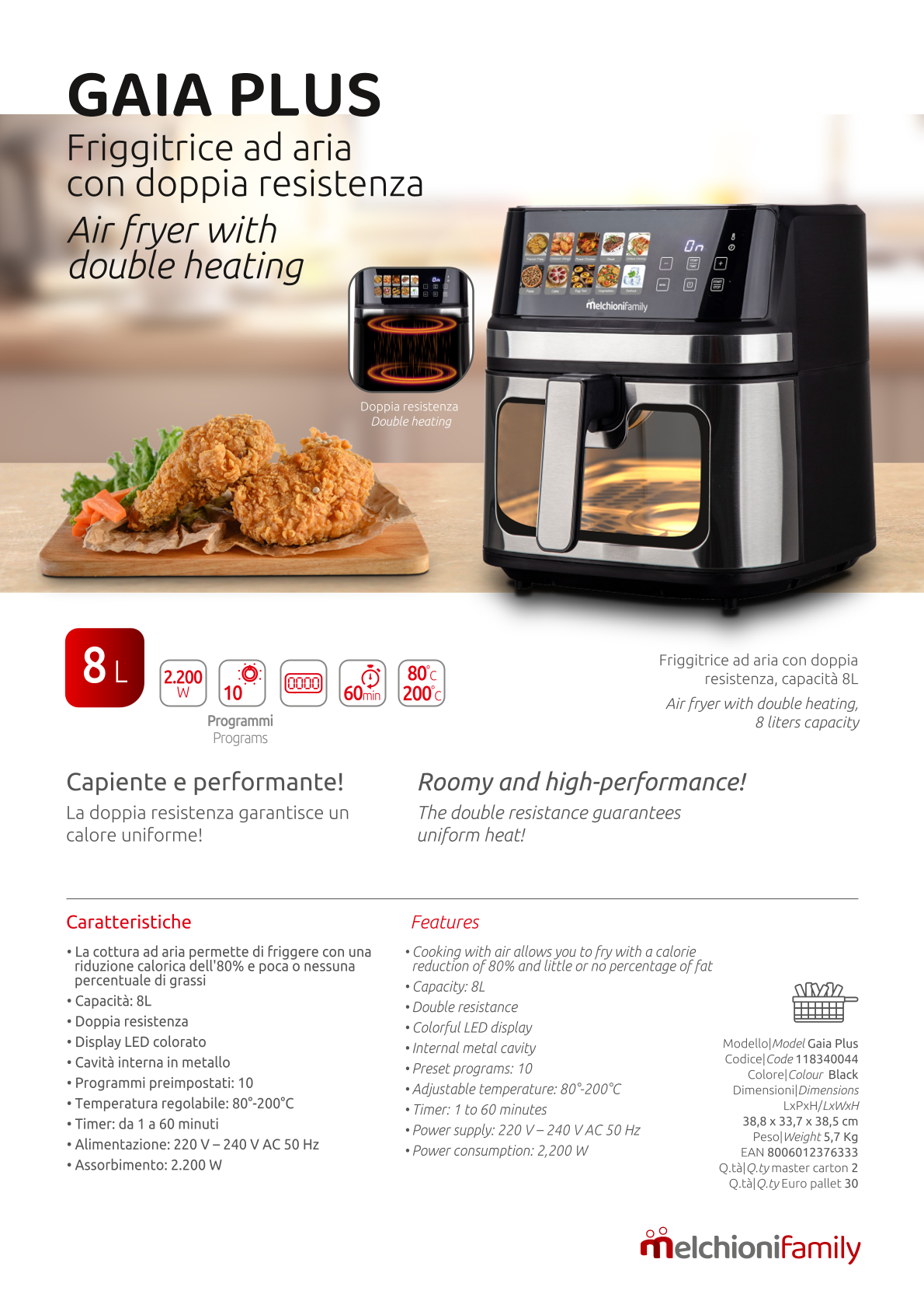 Melchioni Family Friggitrice ad aria GAIA PLUS8L doppia resistenza display digitale led a colori 10 programmi timer 2200W